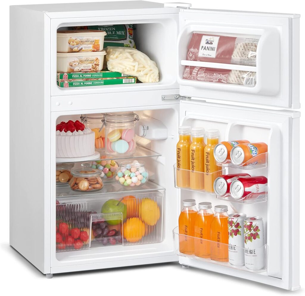 COMFEE RCT87WH1(E) Under Counter Fridge Freezer, 87L Small Fridge Freezer with LED Light, Removable Shelves, Adjustable Thermostats and Legs, White           [Energy Class F]