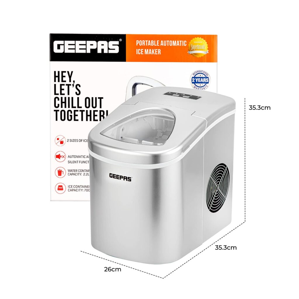 Geepas Ice Cube Maker | Compact Portable Countertop Ice Maker Machine, Produces 12kg Ice in 24 Hours | 1.2L Tank, Automatic Silent Functioning | Includes Scoop Removable Basket Black